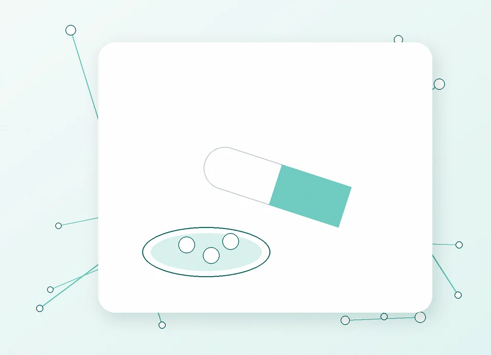 Abstract laboratory still life with a capsule, dish and molecular shapes